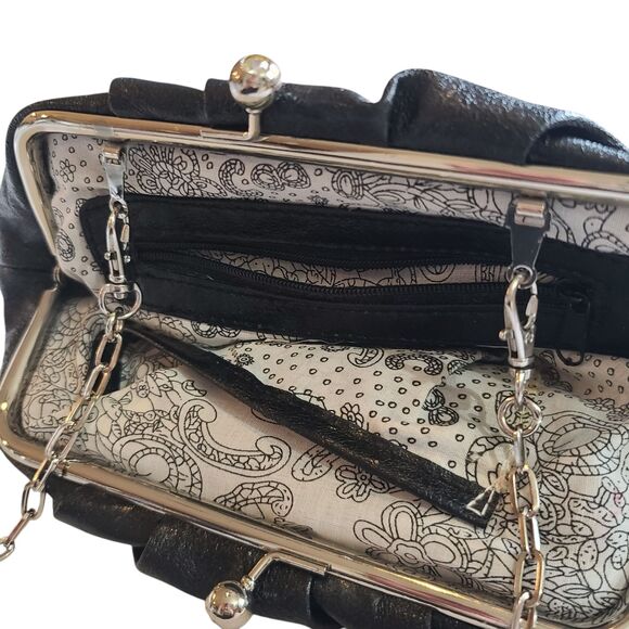 Vintage Nine West Black Leather Faux Diamond Kiss Lock Clutch Bag w/ Strap - Picture 8 of 12